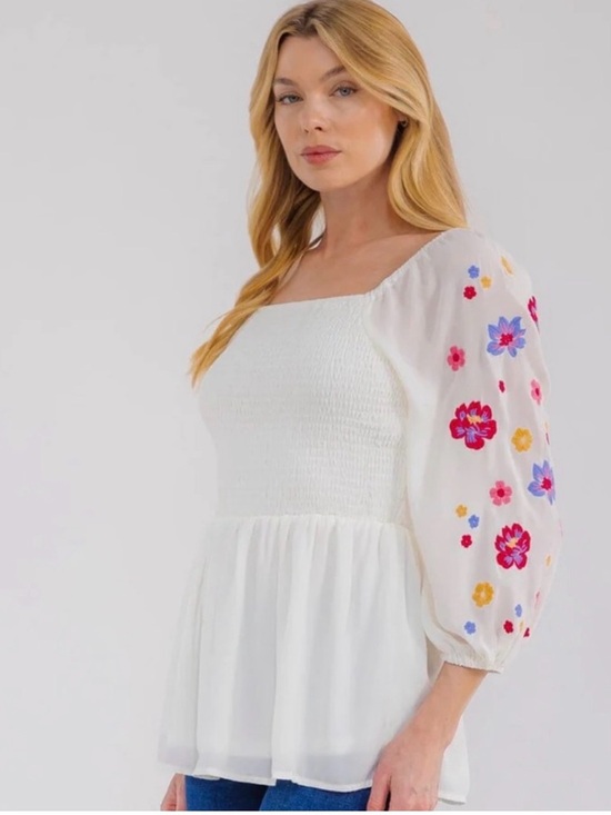 Savanna Jane Tops - 058 • Bohemian Floral Embroidered White Blouse | Smock Floral Embroidery Blouse